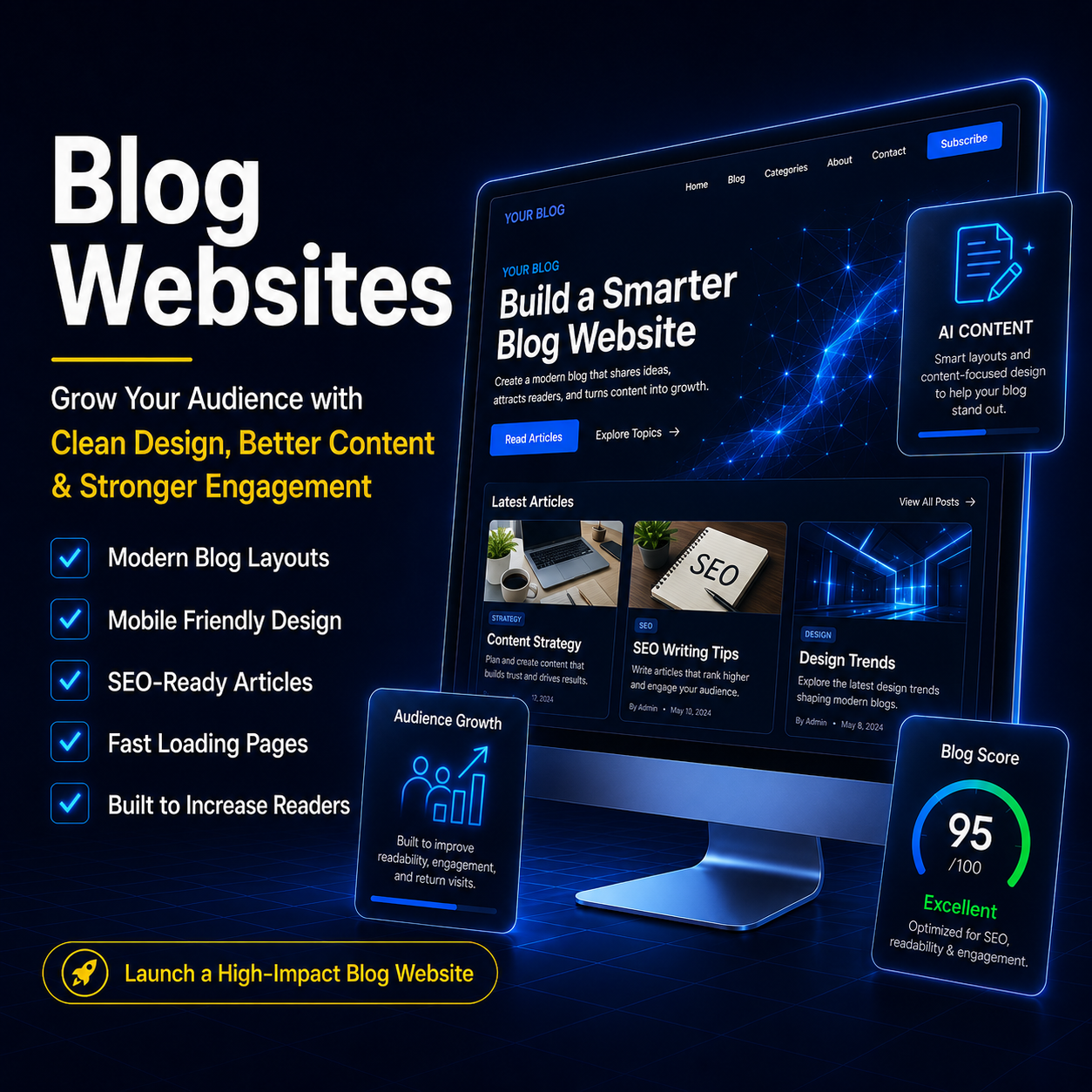 Blog website design with organized content and responsive layouts in Deerfield Beach