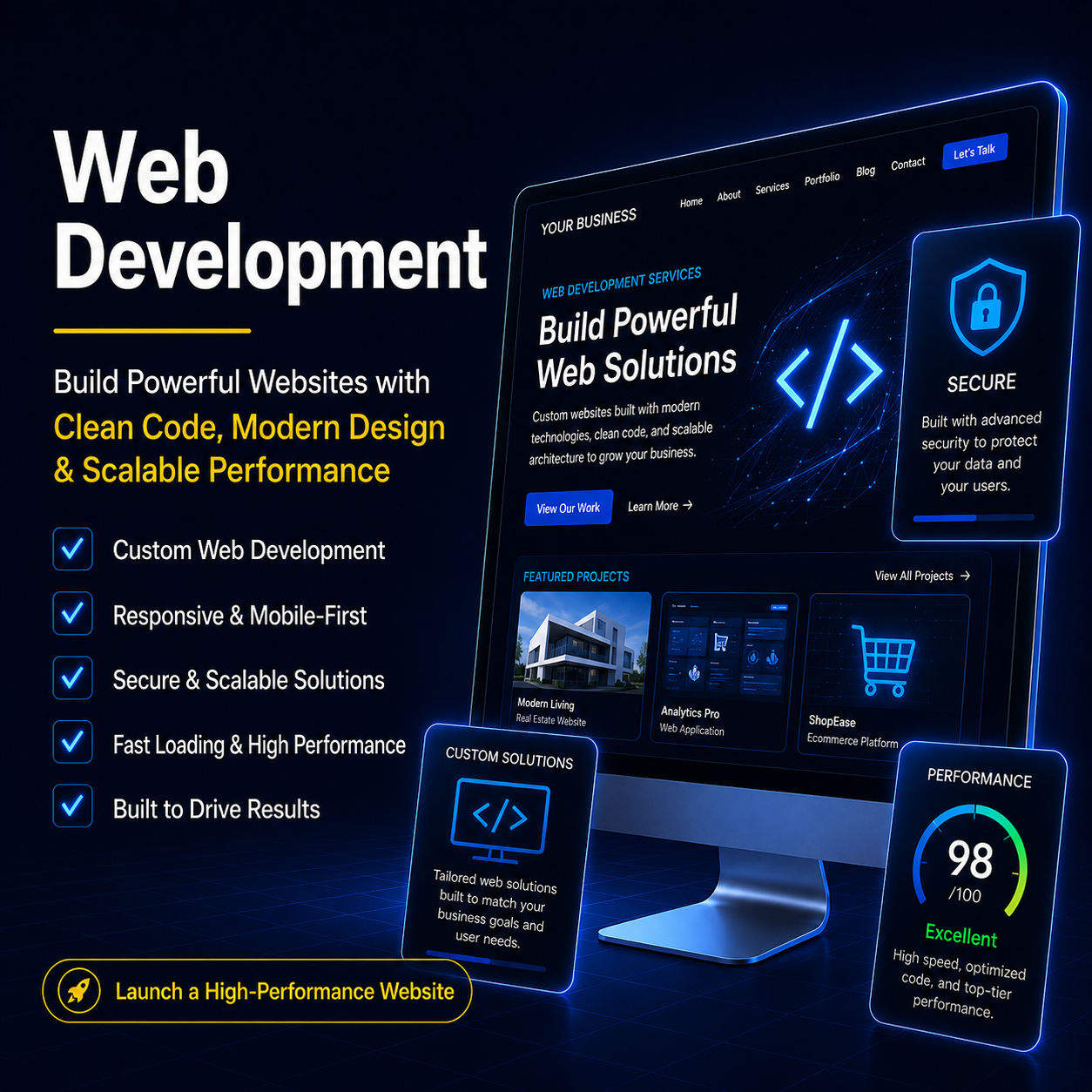 Web development services in Deerfield Beach with custom coding, responsive design, secure architecture, and high-performance websites
